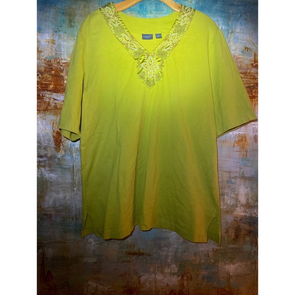 Westbound Woman Tops - Westbound Woman 1X Lime Green Embroidered Beaded V-Neck Cotton Tunic Top Shirt